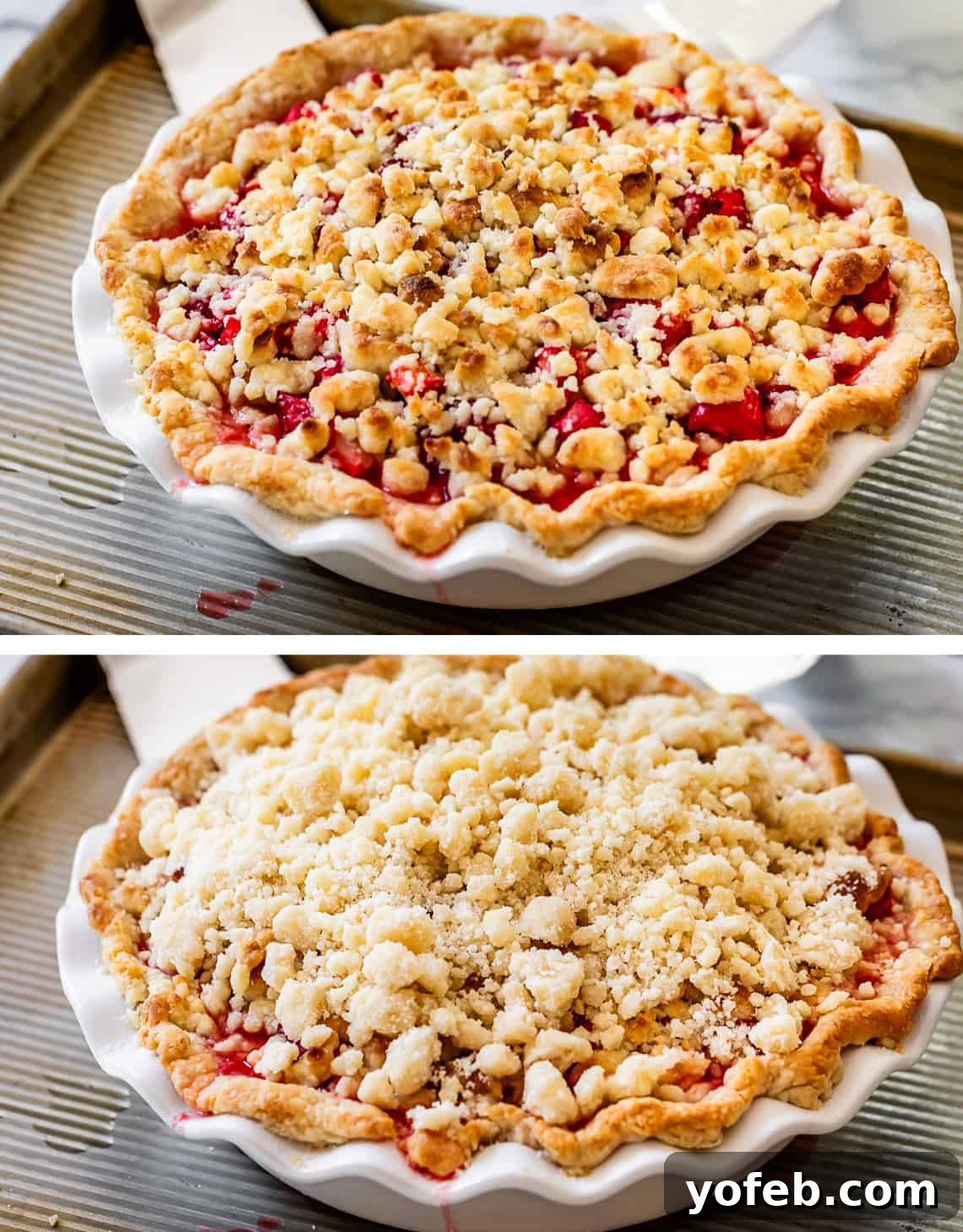 Summer's Sweet & Tart Strawberry Rhubarb Pie 21 top pic: pie with some baked streusel on top, bottom more streusel added on top of already baked.