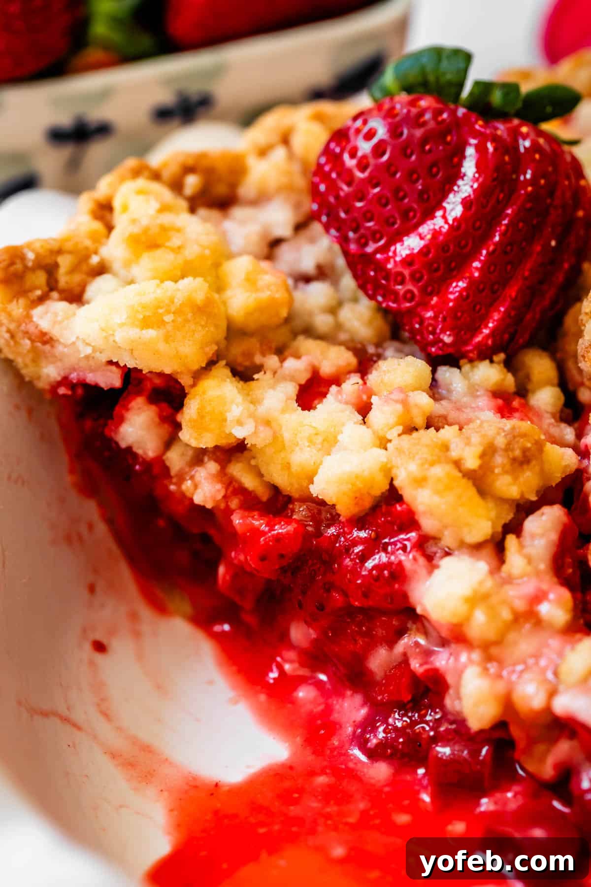 Summer's Sweet & Tart Strawberry Rhubarb Pie 4 a slice of crumble topping strawberry rhubarb pie in a pie pan with strawberry slice garnish.