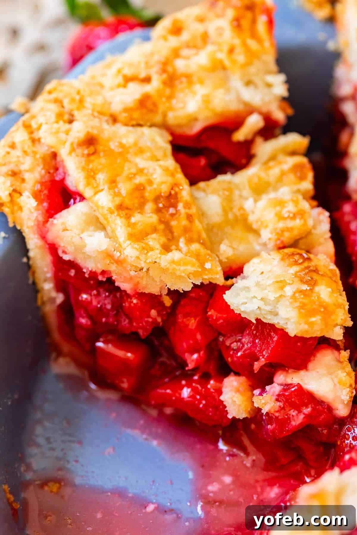 piece of lattice crust rhubarb and strawberry pie with lots of filling in a pie pan.