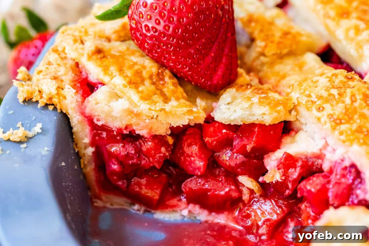 Summer's Sweet & Tart Strawberry Rhubarb Pie 8 close up of side view of a slice of strawberry rhubarb pie with flaky crust and strawberry garnish.