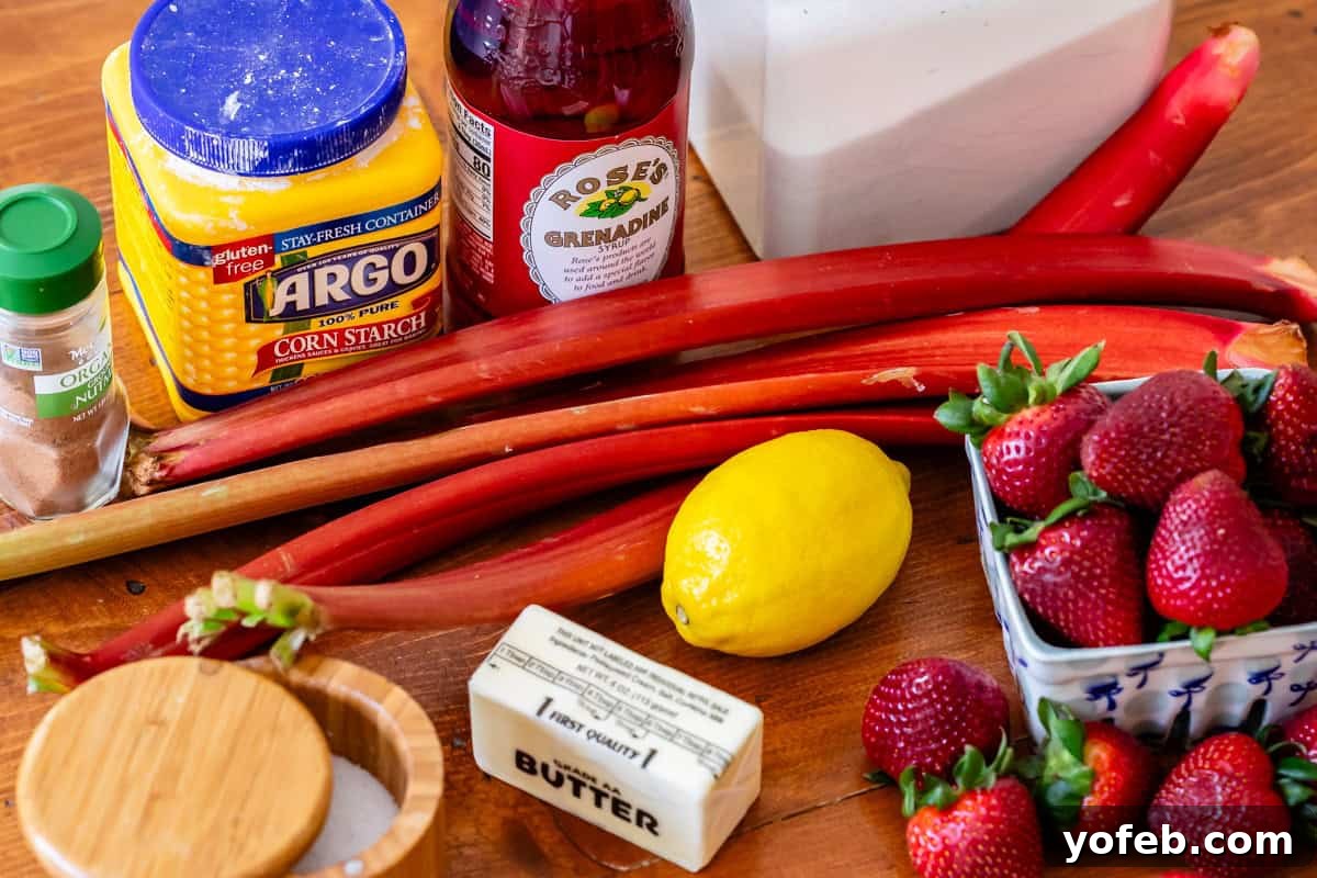 Summer's Sweet & Tart Strawberry Rhubarb Pie 9 ingredients for strawberry rhubarb pie like rhubarb, strawberries, butter, lemon, etc.