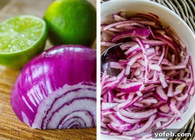 Vibrant Vegetable Stack 11 sliced red onion in a white bowl with limes on the side.