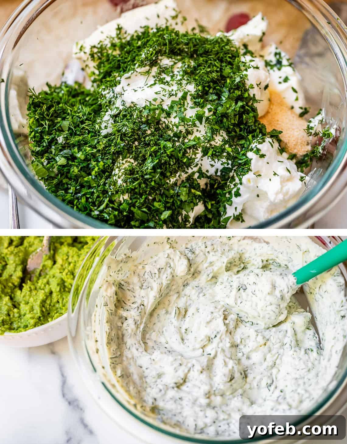 Vibrant Vegetable Stack 12 top image: chopped parsely and dill on top of cream cheese, bottom image: all mixed together.