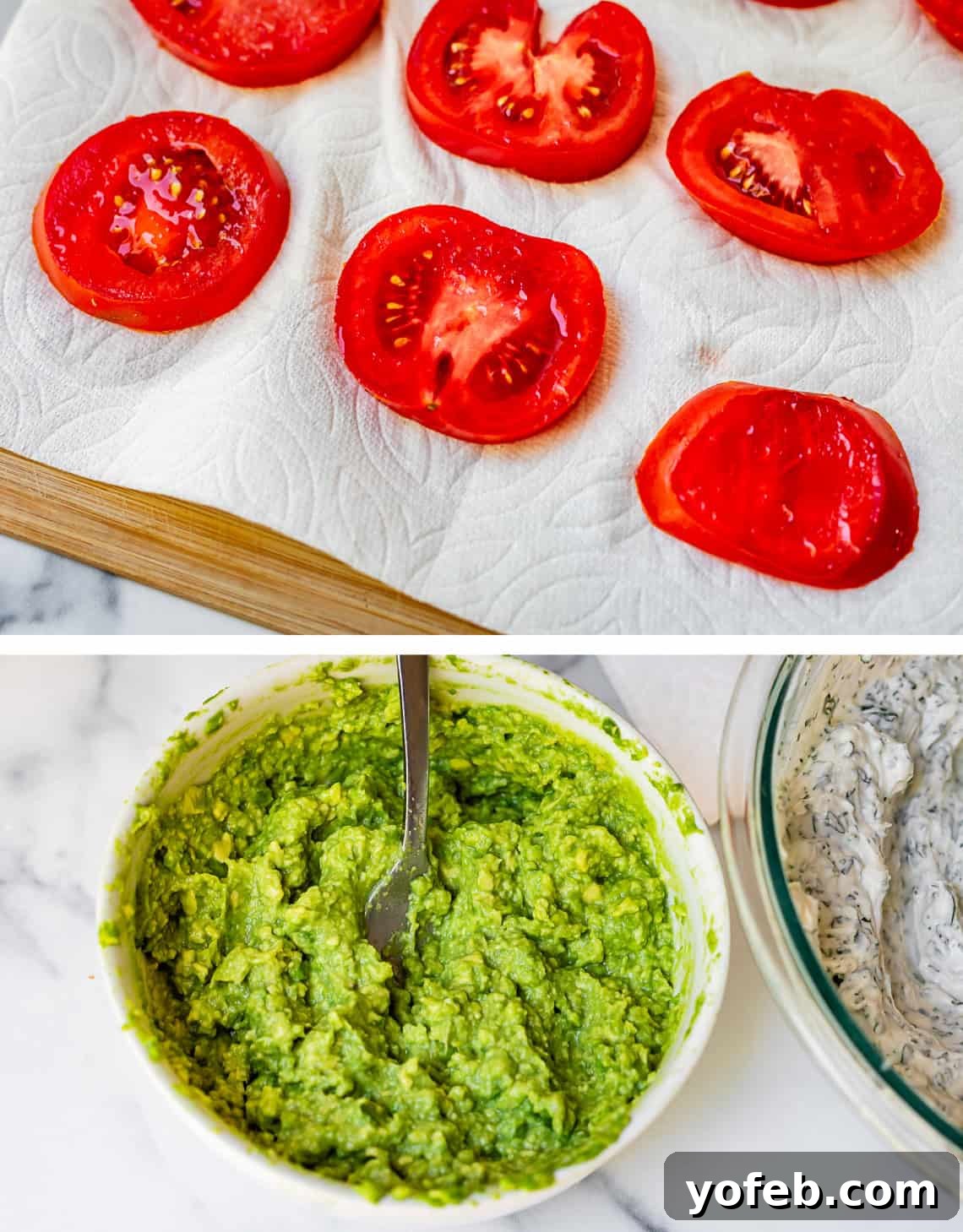 Vibrant Vegetable Stack 14 top image: tomato slices on paper towel, bottom: mashed avocado in a ceramic bowl.