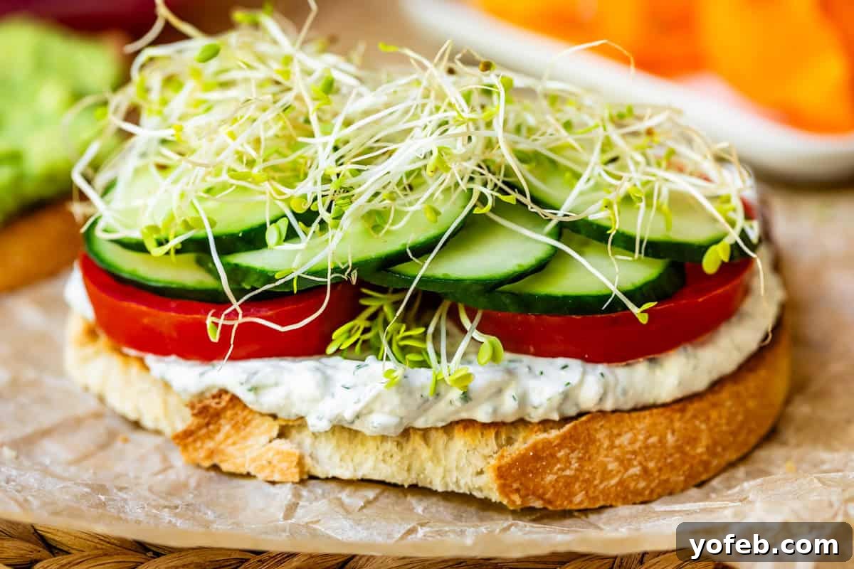 Vibrant Vegetable Stack 16 sourdough slice topped with creamy spread, tomato slices, cucumber slices, then sprouts.