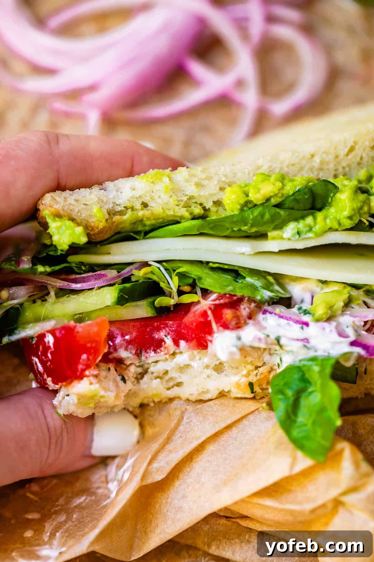 Vibrant Vegetable Stack 22 a hand holding a fresh veggie sandwich stuffed with spread, tomato, cucumber, and more.