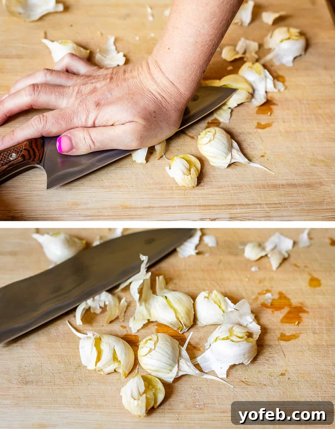 Easy Honey Garlic Chicken Slow Cooker Instant Pot 11 top pic: hand using flat side of knife to smash garlic, bottom the smashed garlic.