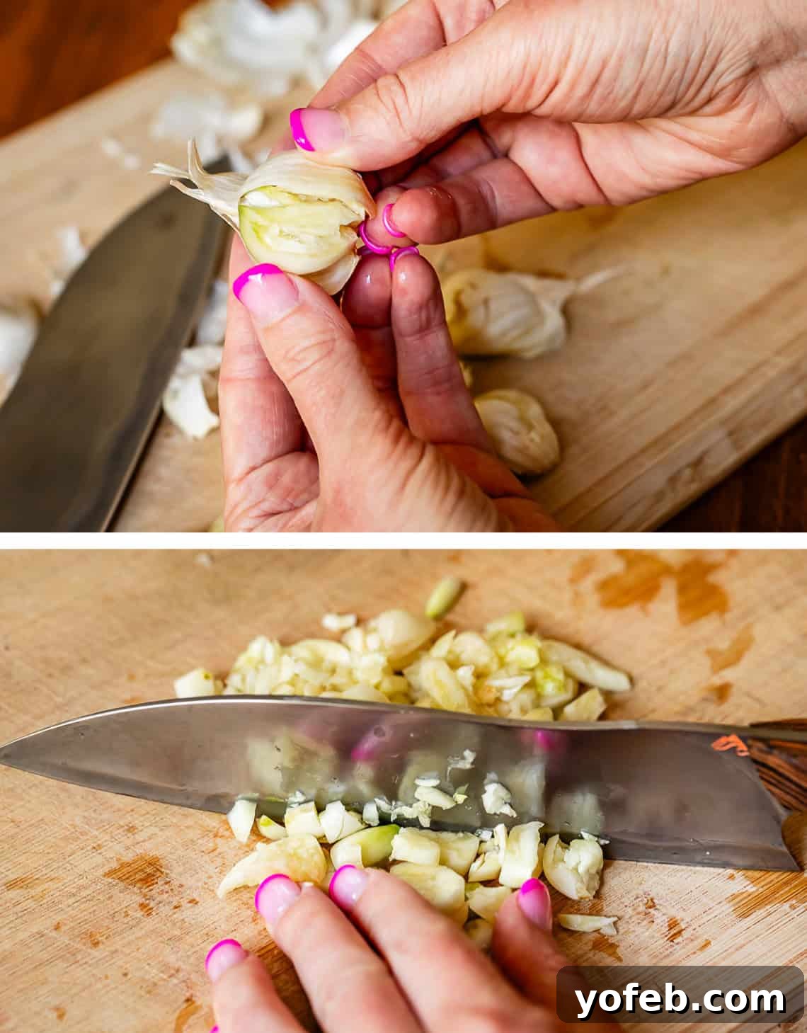 Easy Honey Garlic Chicken Slow Cooker Instant Pot 12 top pic: hands peeling garlic, bottom: knife chopping garlic on cutting board.