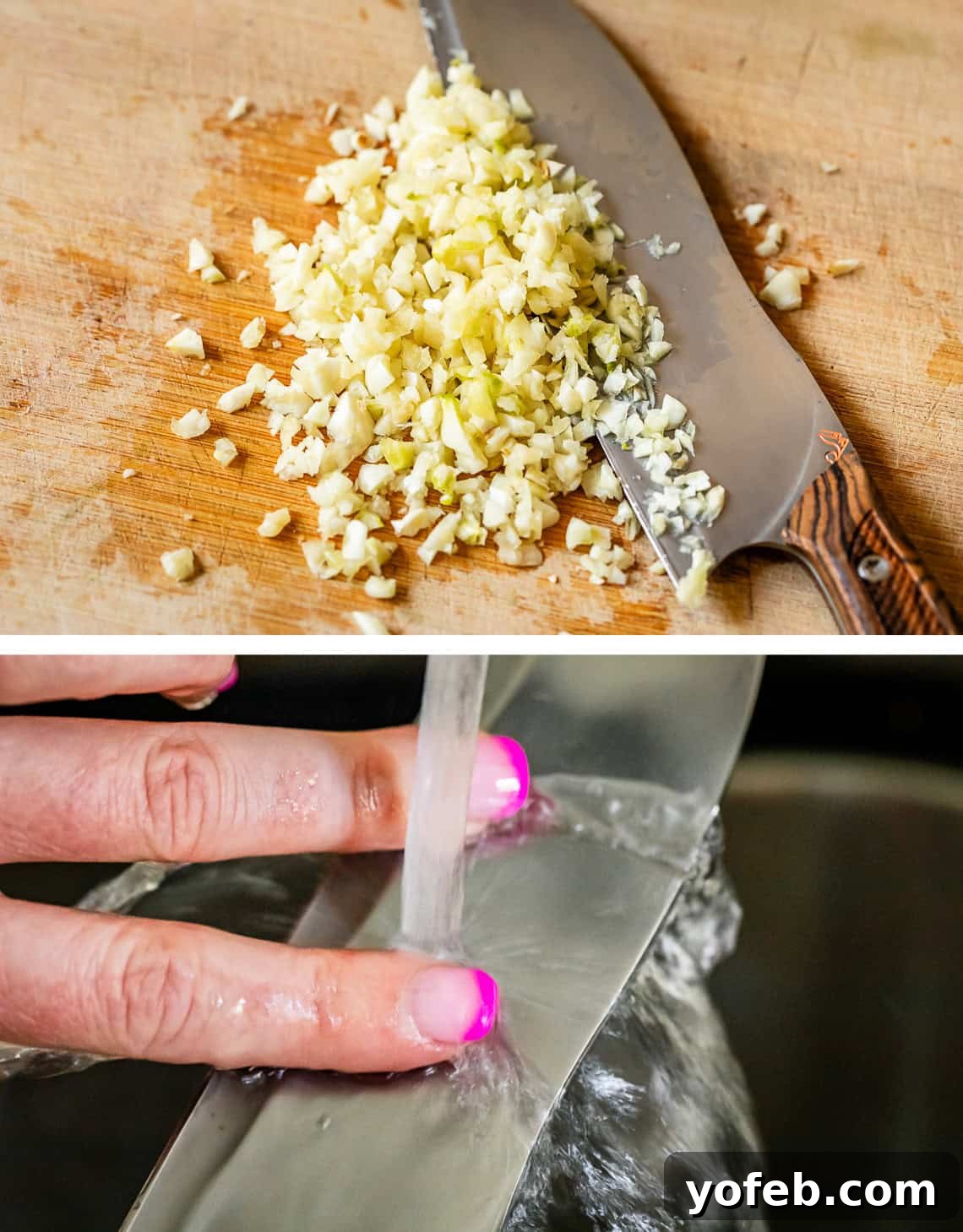 Easy Honey Garlic Chicken Slow Cooker Instant Pot 13 top pic: a bunch of minced garlic on a cutting board, bottom: cleaning fingers on blade.