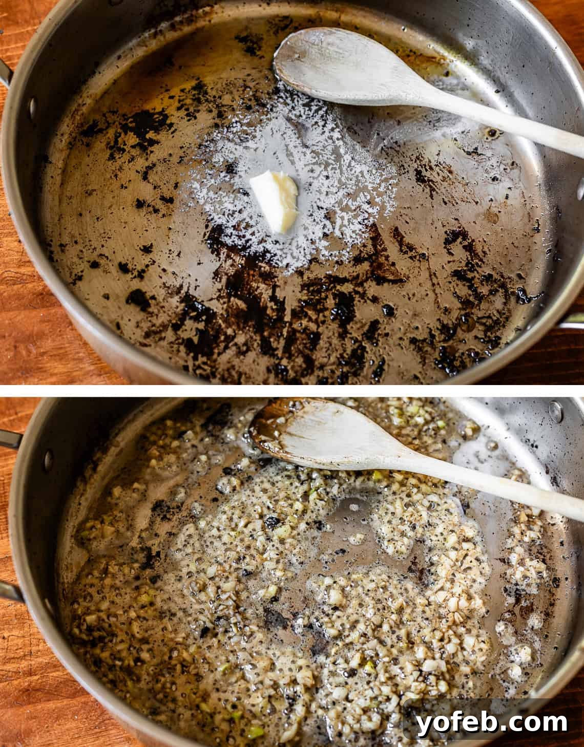 Easy Honey Garlic Chicken Slow Cooker Instant Pot 14 top pic: butter melting in pan, bottom: garlic lightly sauteing in butter in pan.