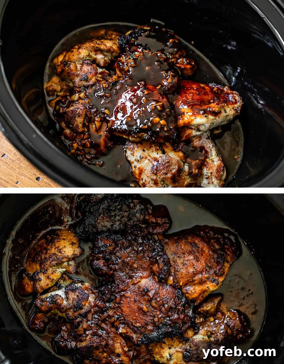 Easy Honey Garlic Chicken Slow Cooker Instant Pot 15 top pic: sauce poured over seared but raw chicken in slow cooker, bottom: cooked chicken.