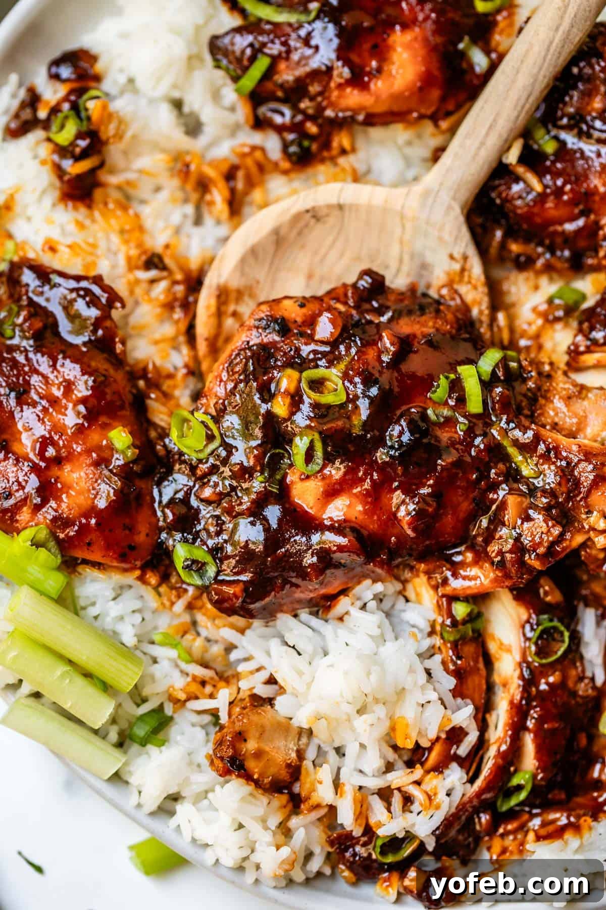 Easy Honey Garlic Chicken Slow Cooker Instant Pot 18 wooden spoon scooping a honey garlic chicken thigh from a bed of white rice.