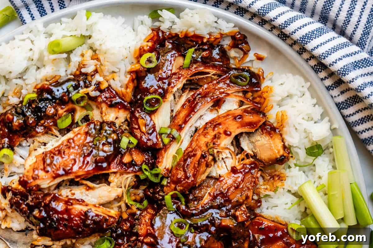 Easy Honey Garlic Chicken Slow Cooker Instant Pot 19 shredded honey garlic chicken garnished with green onion over white rice.
