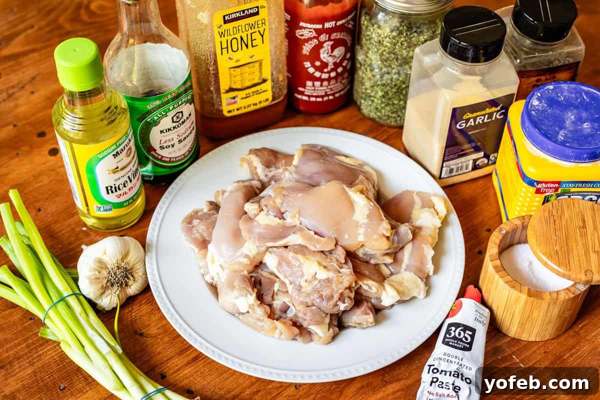 Easy Honey Garlic Chicken Slow Cooker Instant Pot 8 ingredients for honey garlic chicken including soy sauce, rice vinegar, etc.