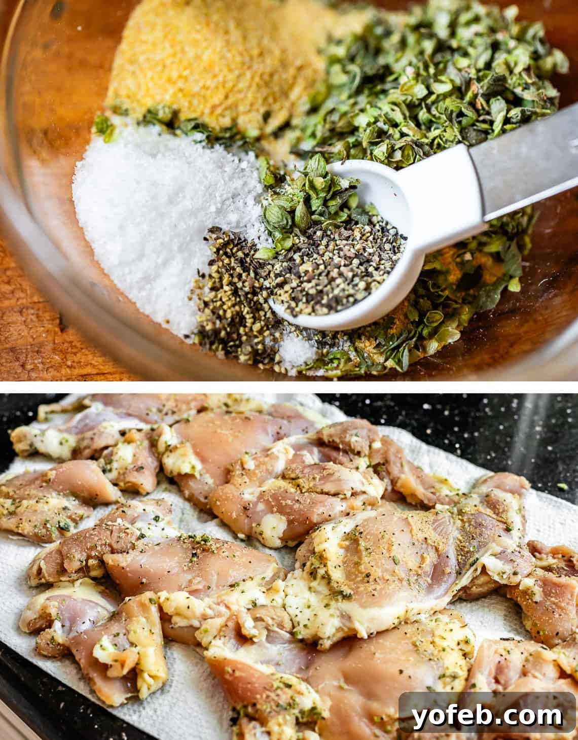 Easy Honey Garlic Chicken Slow Cooker Instant Pot 9 top pic: small bowl of spices, bottom: chicken marinating in dry rub on paper towels.