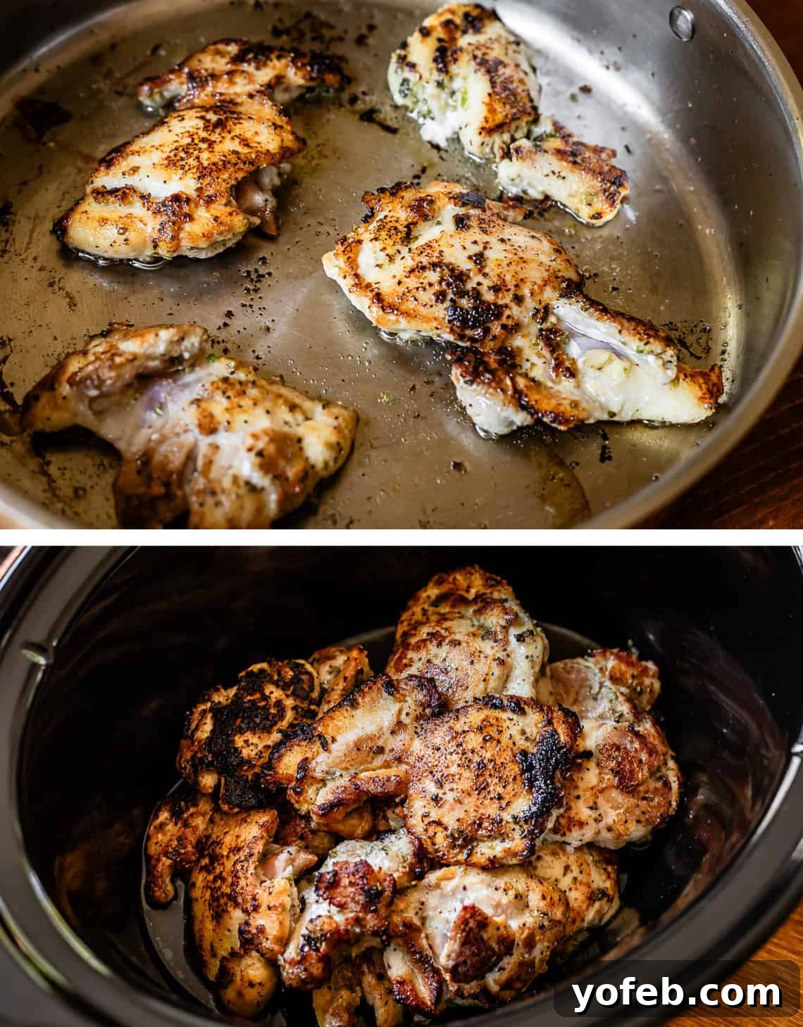 Easy Honey Garlic Chicken Slow Cooker Instant Pot 10 top pic: chicken thighs searing in pan, bottom: seared chicken in slow cooker.