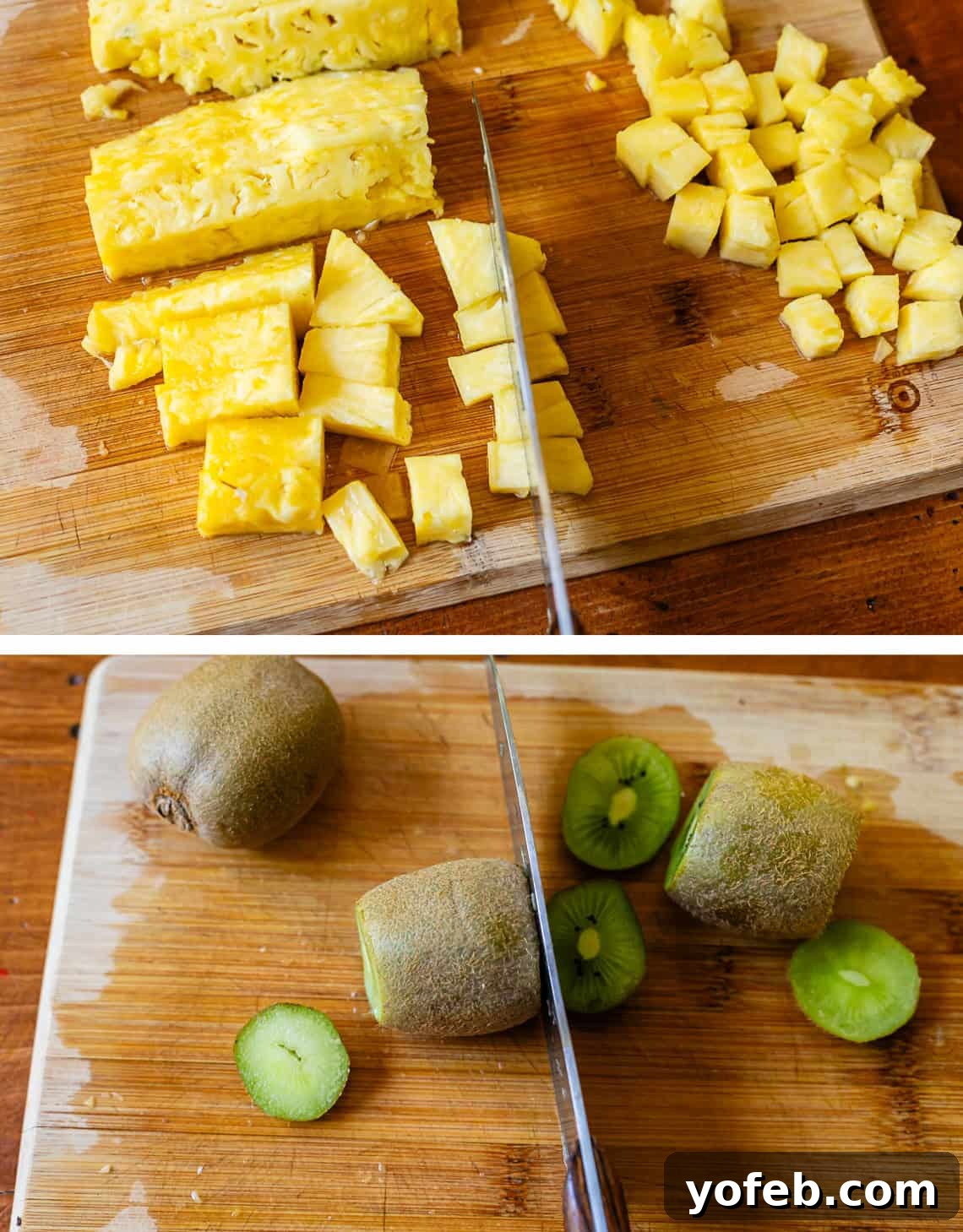 A two-part image demonstrating the precise dicing of pineapple and the initial step of preparing kiwi. Top: A knife cuts pineapple into very small, uniform pieces. Bottom: The knife begins by cutting the bottom off a fuzzy kiwi.