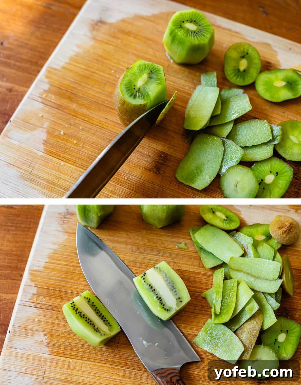 A two-part image showing the process of peeling and halving a kiwi. Top: A knife is used to 'peel' the skin from a kiwi. Bottom: The knife is positioned between two halves of the kiwi after it has been cut lengthwise, ready for further dicing.