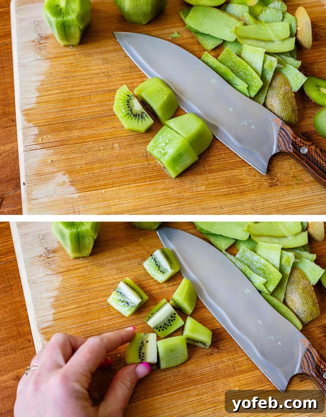 A two-part image illustrating the optimal cutting size for kiwi. Top: A knife rests on a cutting board beside kiwi pieces quartered lengthwise. Bottom: The same knife is shown next to kiwi pieces cut into eighths, ready for the fruit salad.