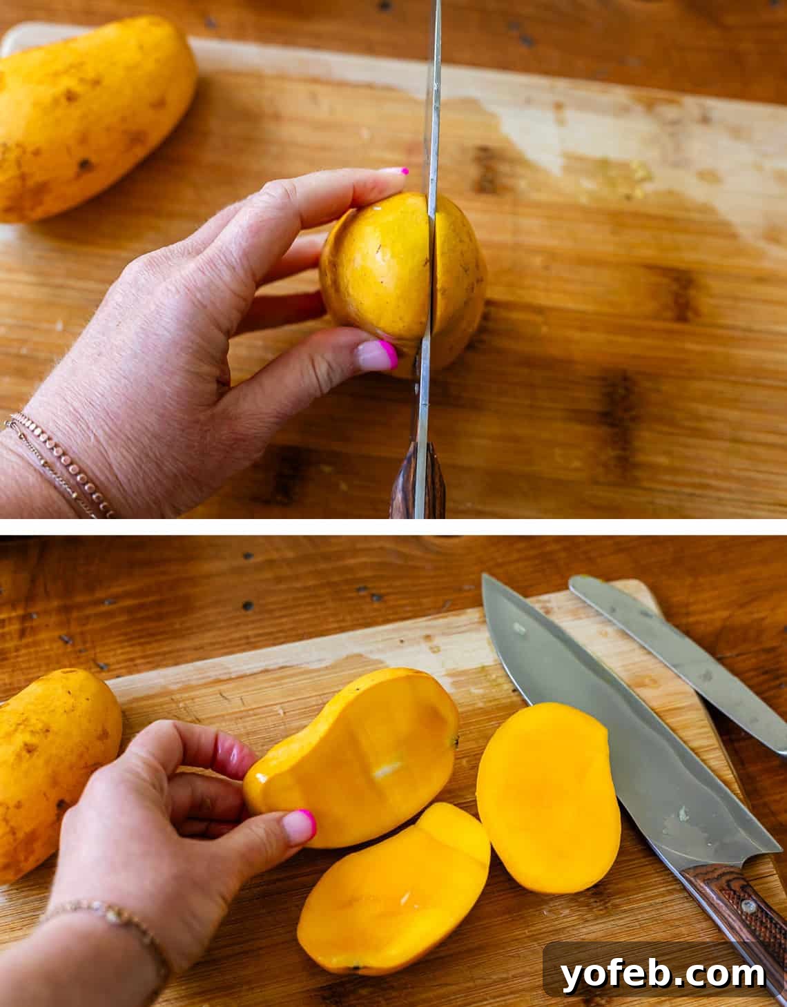 A two-part image demonstrating how to properly cut a mango. Top: A knife makes an initial cut into a mango, close to its central pit. Bottom: The pit is seen peeking through the cut side of the mango, indicating proximity to the core.