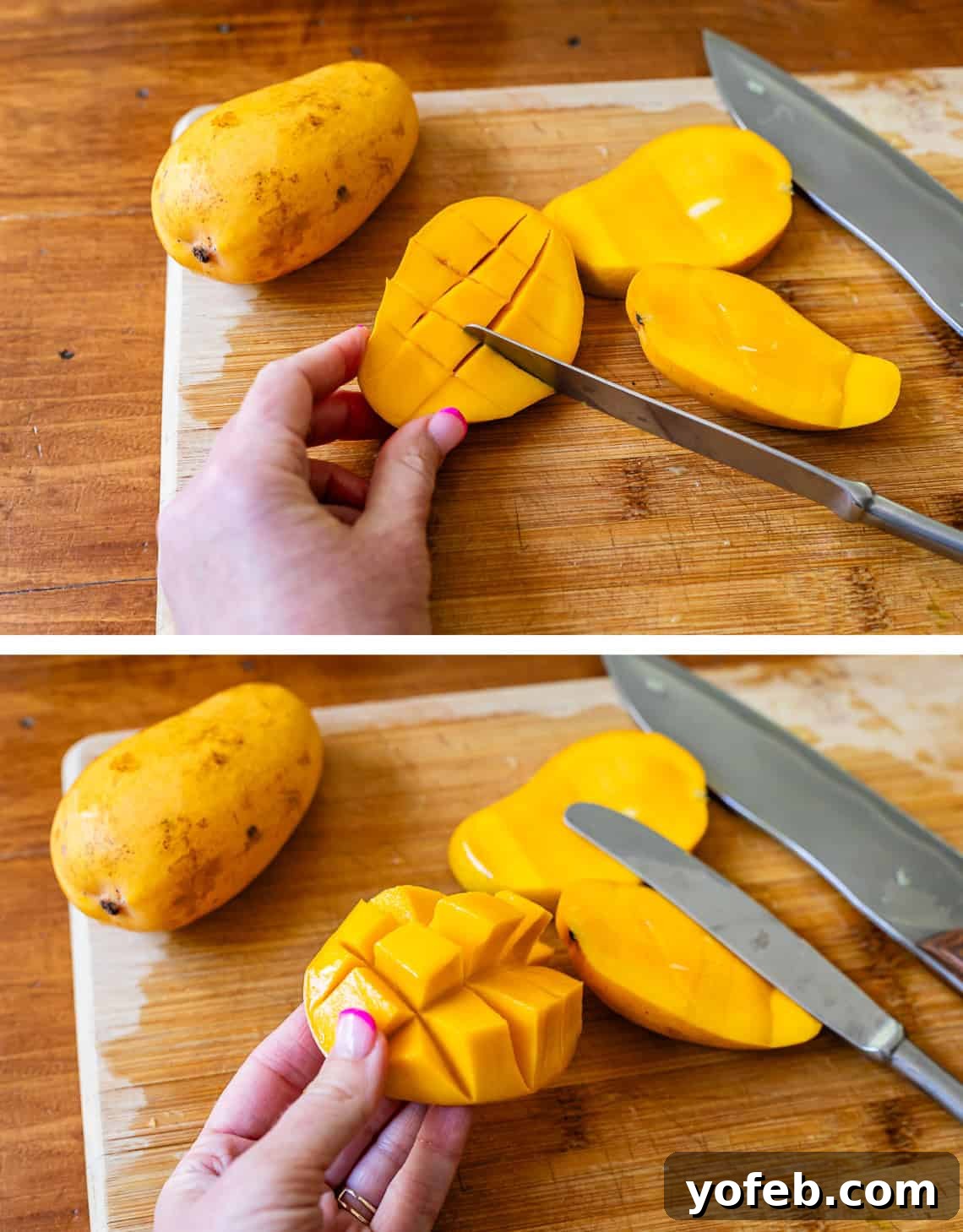 A two-part image illustrating the scoring and peeling method for mango. Top: A butter knife scores the flesh of a cut-off mango piece, without piercing the skin. Bottom: The peel is gently folded back, allowing the scored mango cubes to jut out easily.