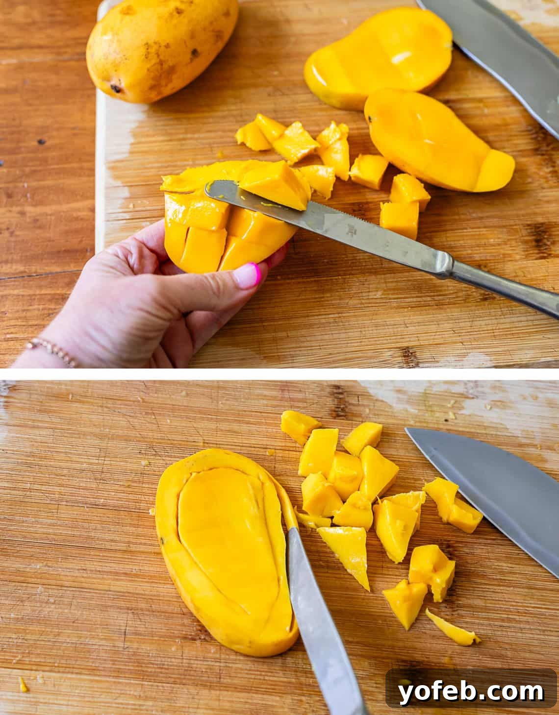 A two-part image showing how to extract additional mango flesh. Top: A butter knife carefully cuts mango pieces away from the skin. Bottom: The knife is used to retrieve any remaining mango flesh from around the central pit, minimizing waste.