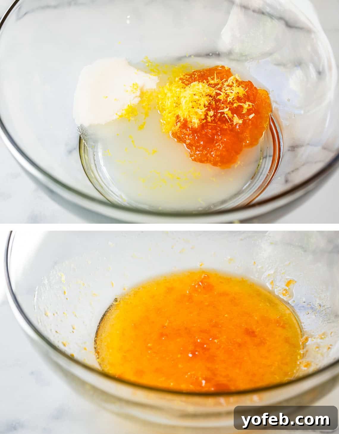 A two-part image showing the process of making the fruit salad glaze. Top: Ingredients like apricot preserves, sugar, and lemon are ready in a glass bowl. Bottom: The ingredients are beautifully stirred together to form a smooth, glistening glaze.
