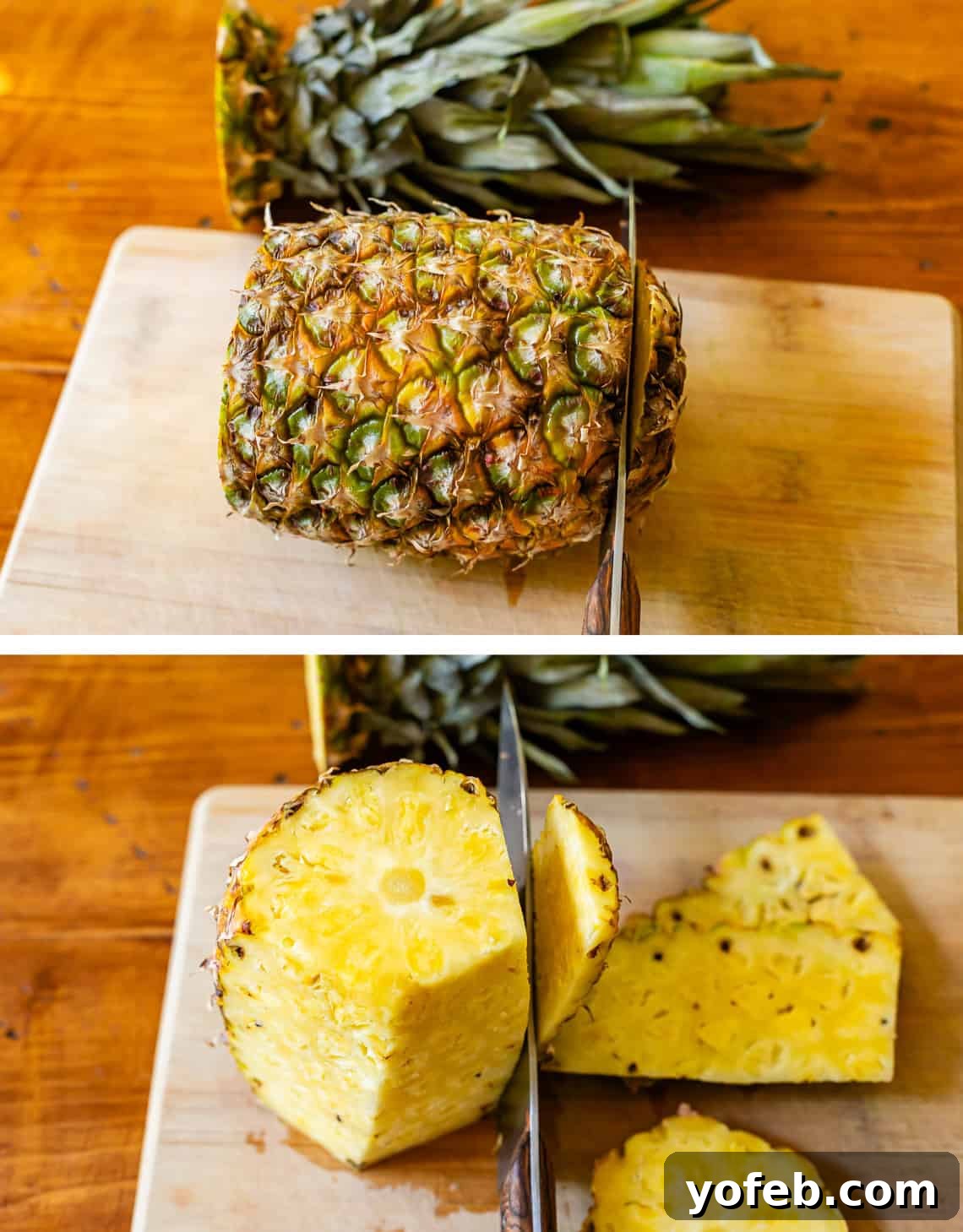A two-part image demonstrating how to prepare a pineapple. Top: A knife cuts the bottom off a fresh pineapple. Bottom: The knife meticulously cuts away the spiky edges, preparing it for dicing.