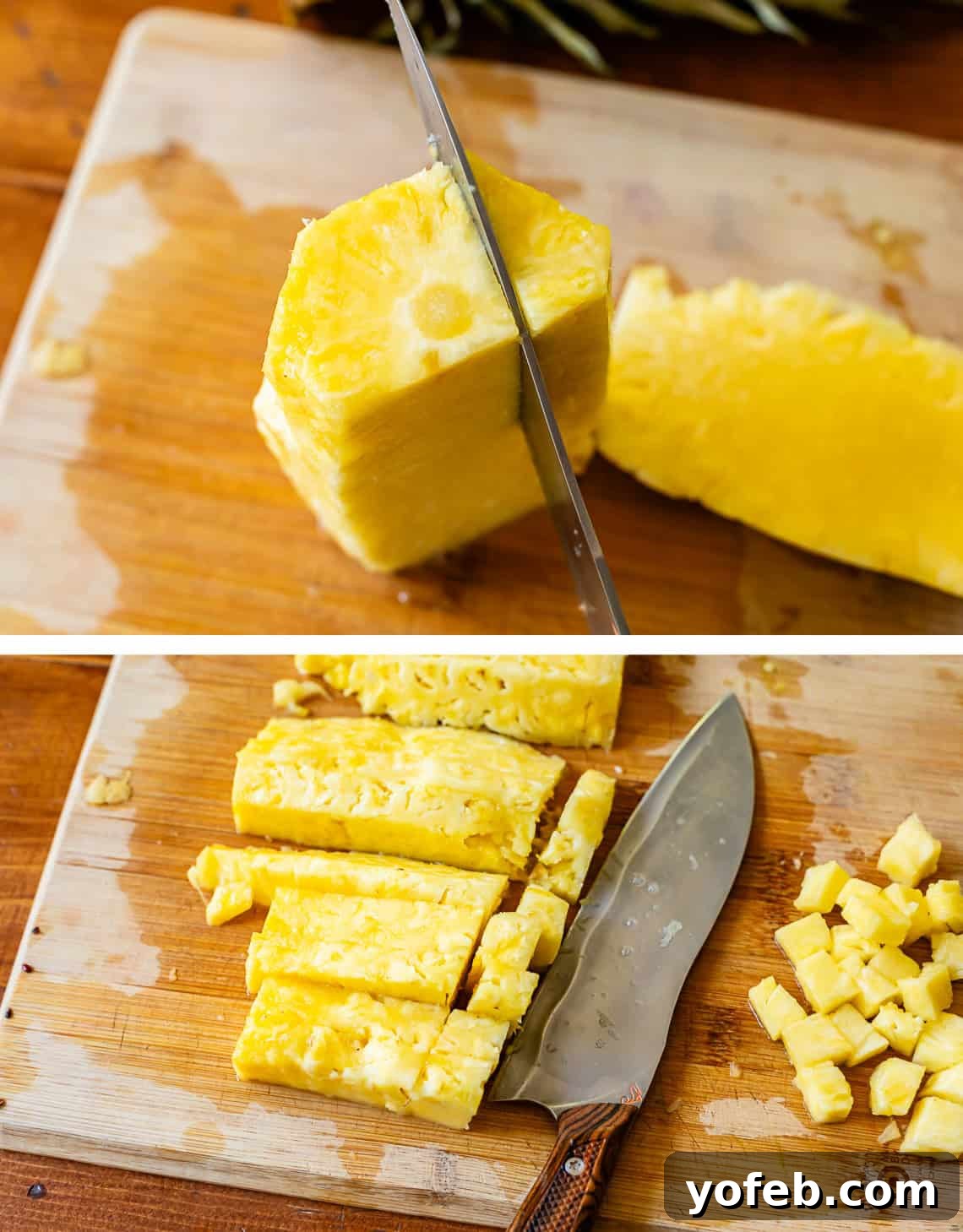 A two-part image illustrating the fine dicing of pineapple. Top: A knife slices fruit away from the pineapple core. Bottom: The pineapple is then finely chopped into small, uniform pieces for the fruit salad.