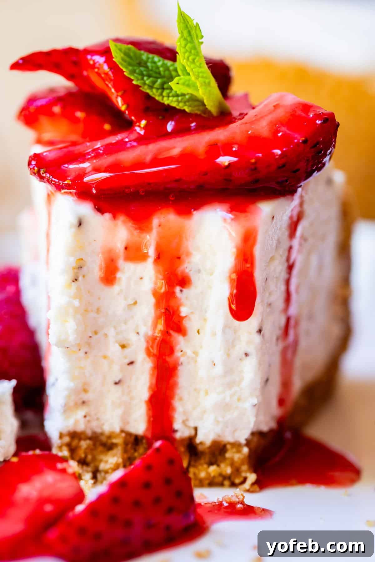 The Ultimate No Bake Cheesecake 14 slice of no bake cheesecake on a white plate with bites taken out, topped with strawberries.