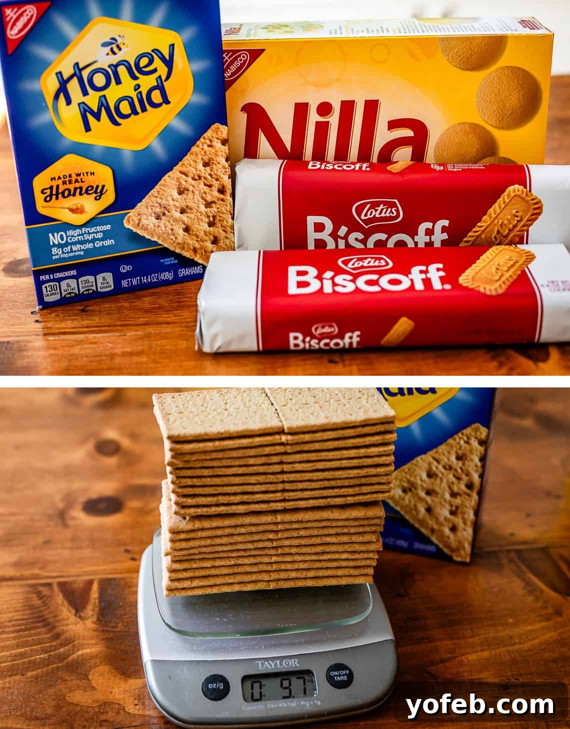 The Ultimate No Bake Cheesecake 16 top: graham crackers, nilla, biscoff cookies, bottom: full graham crackers being weighed on digital scale.