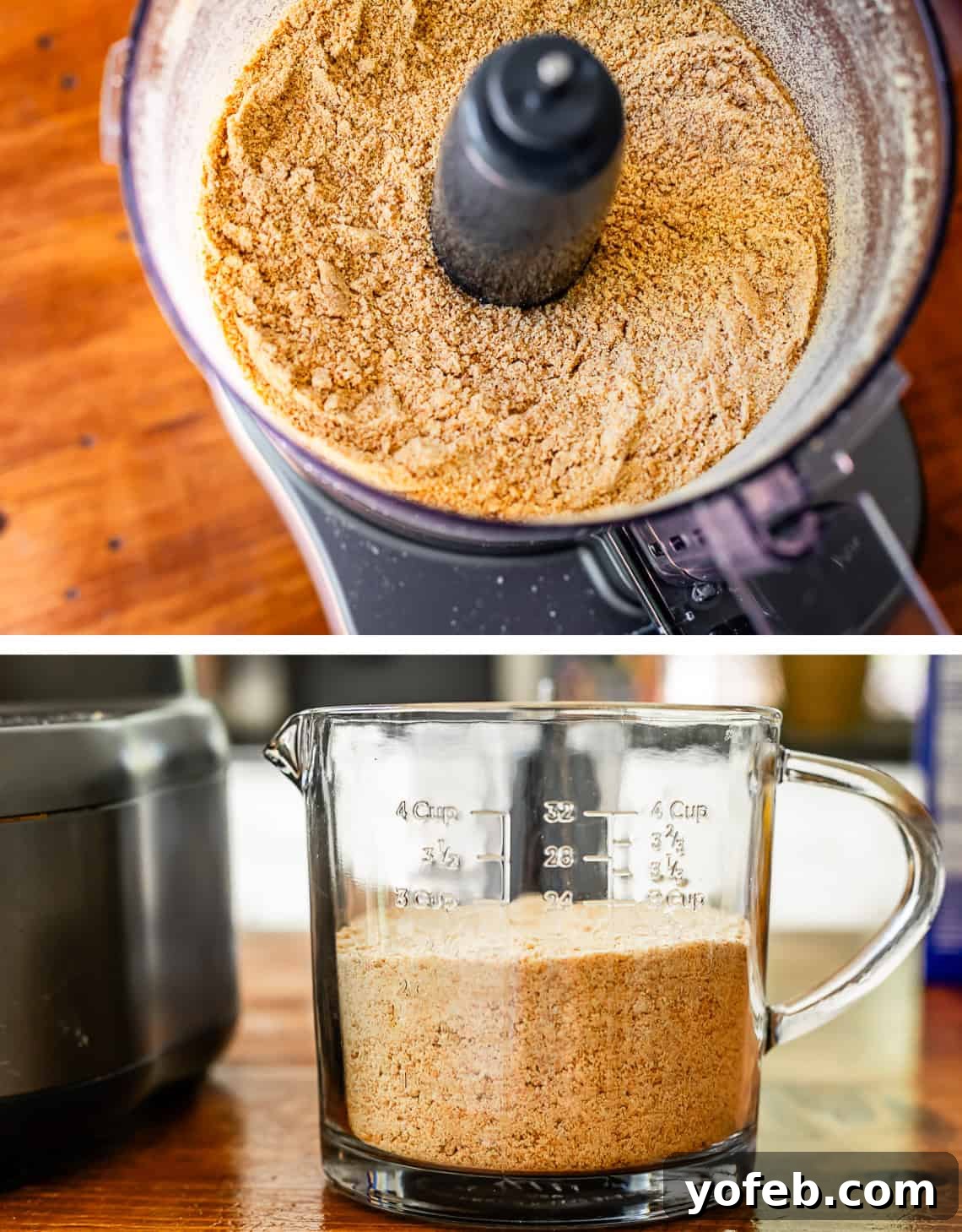 The Ultimate No Bake Cheesecake 18 top image: blitzed graham crackers in food processor, bottom: crumbs in glass measuring cup.