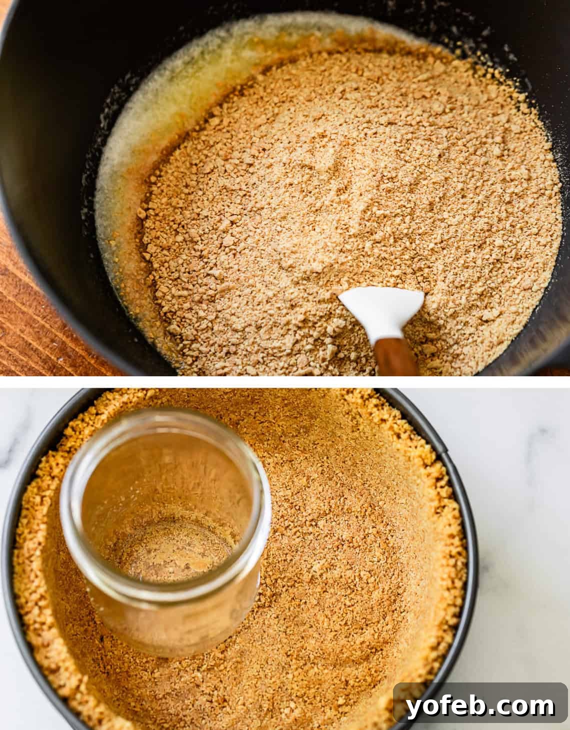 The Ultimate No Bake Cheesecake 19 top image: mixing crumbs and melted butter in a mixing bowl, bottom: pressing mix into pan.