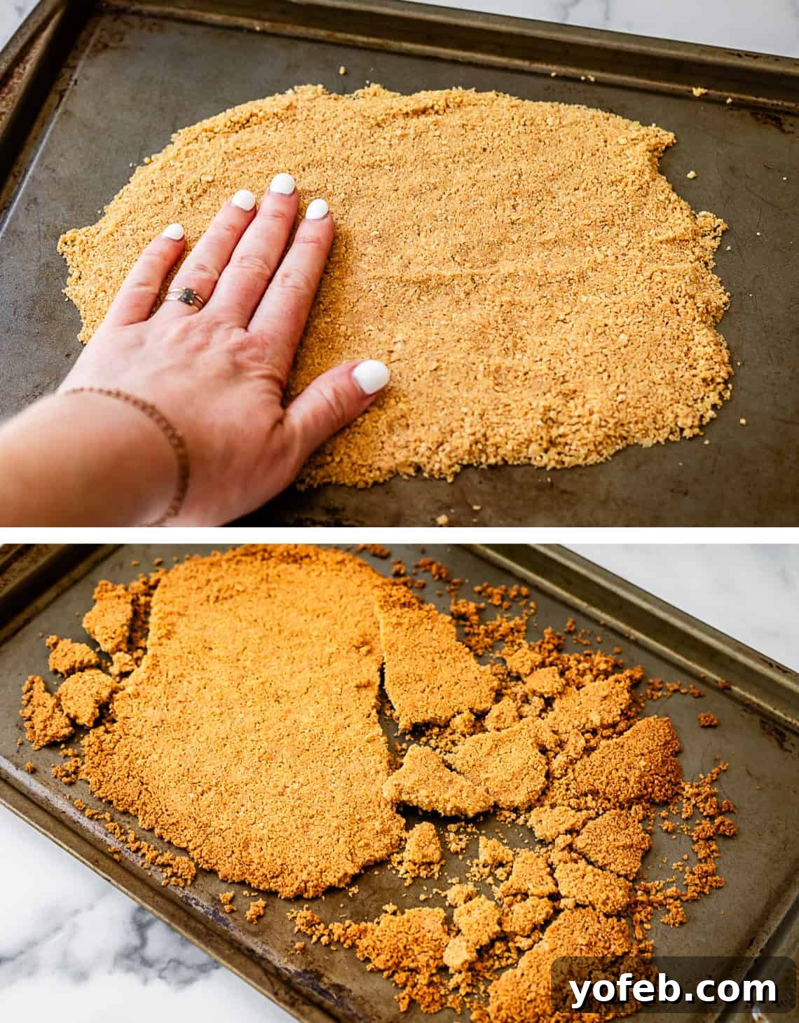 The Ultimate No Bake Cheesecake 20 top image: pressing crumb mix onto cookie sheet; bottom: breaking up baked crumbs.