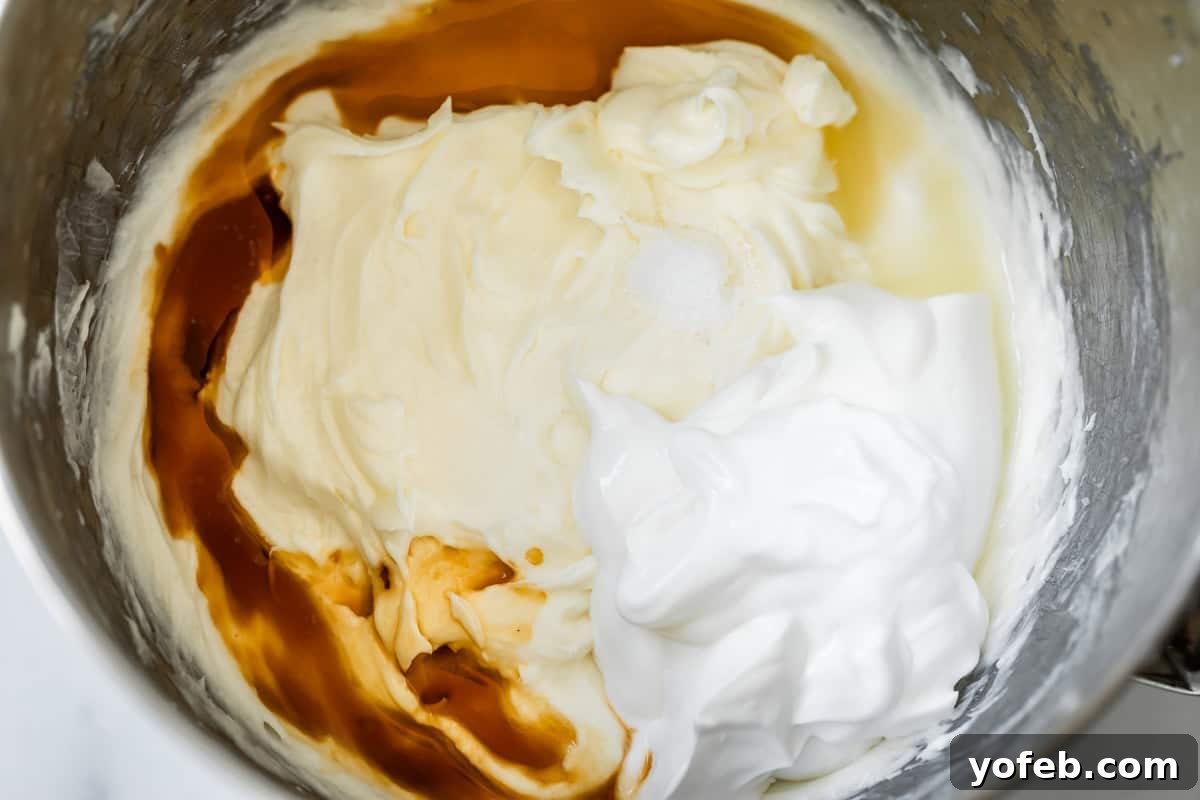 The Ultimate No Bake Cheesecake 25 whipped cream cheese in metal mixing bowl with vanilla, sour cream, and sugar piled on top.