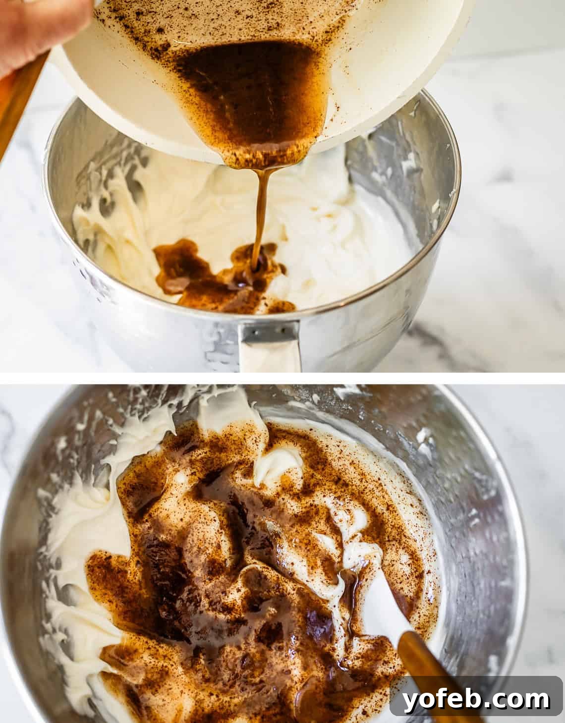 The Ultimate No Bake Cheesecake 26 top image: pouring browned butter into mixing bowl, bottom all of it on top of filling in bowl.