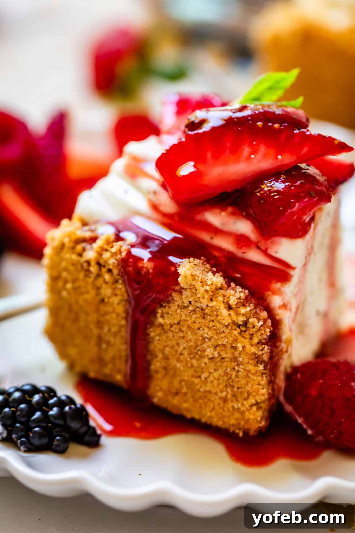 The Ultimate No Bake Cheesecake 31 slice of no bake cheesecake showing thick crust and juicy strawberry topping.