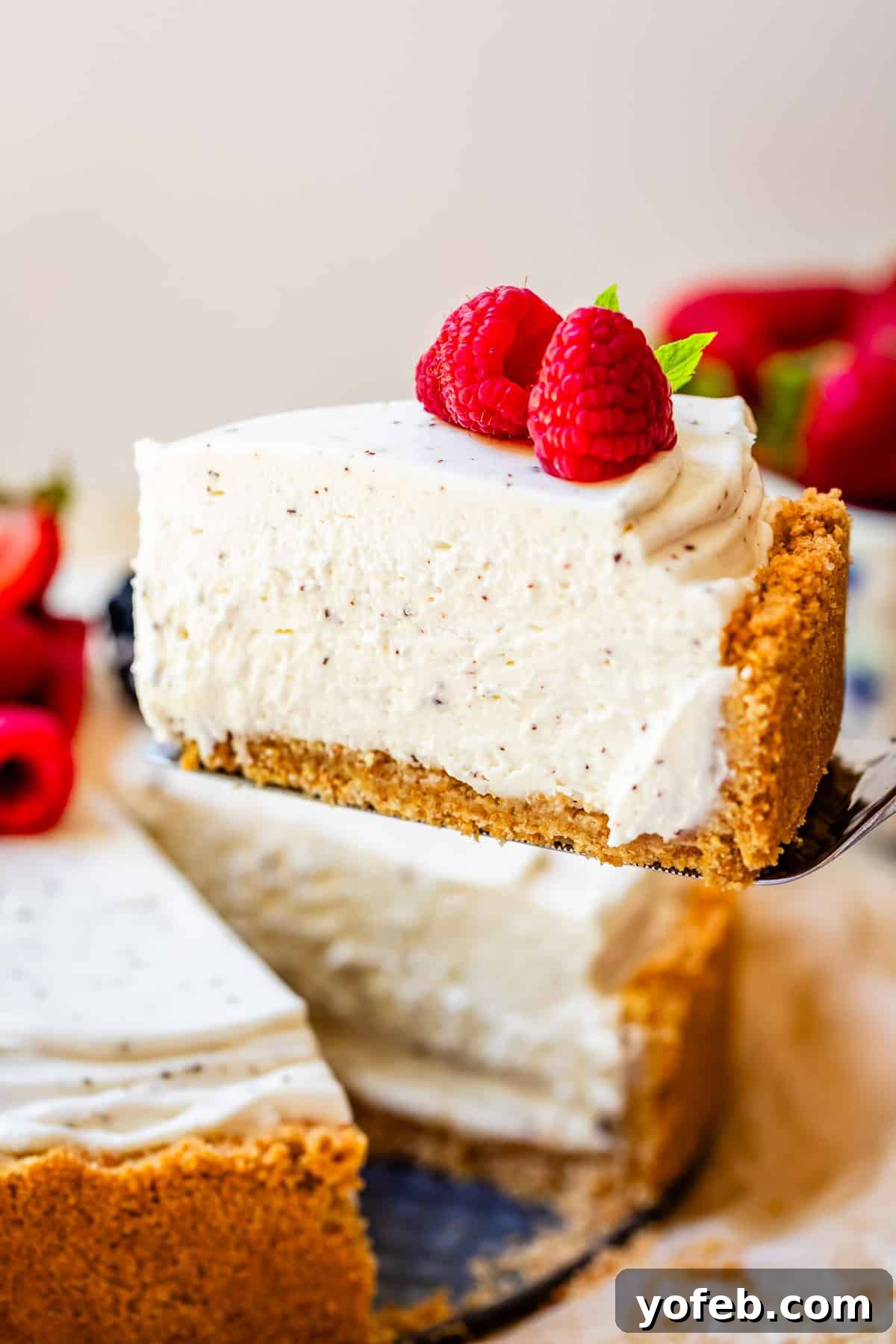 The Ultimate No Bake Cheesecake 35 a pie server holding a perfectly sliced no bake cheesecake with remaining cheesecake in background.