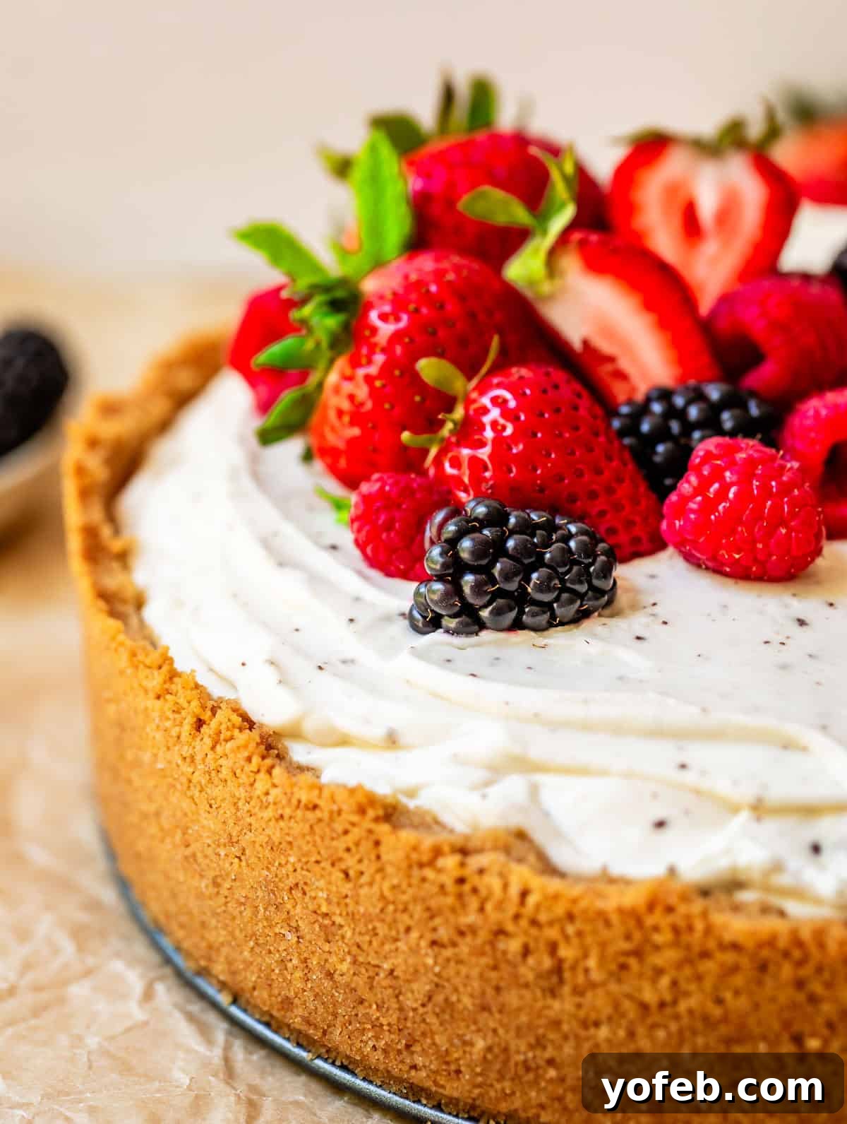 The Ultimate No Bake Cheesecake 37 side view of whole no bake cheesecake showing sides of graham cracker crust and berry garnish.