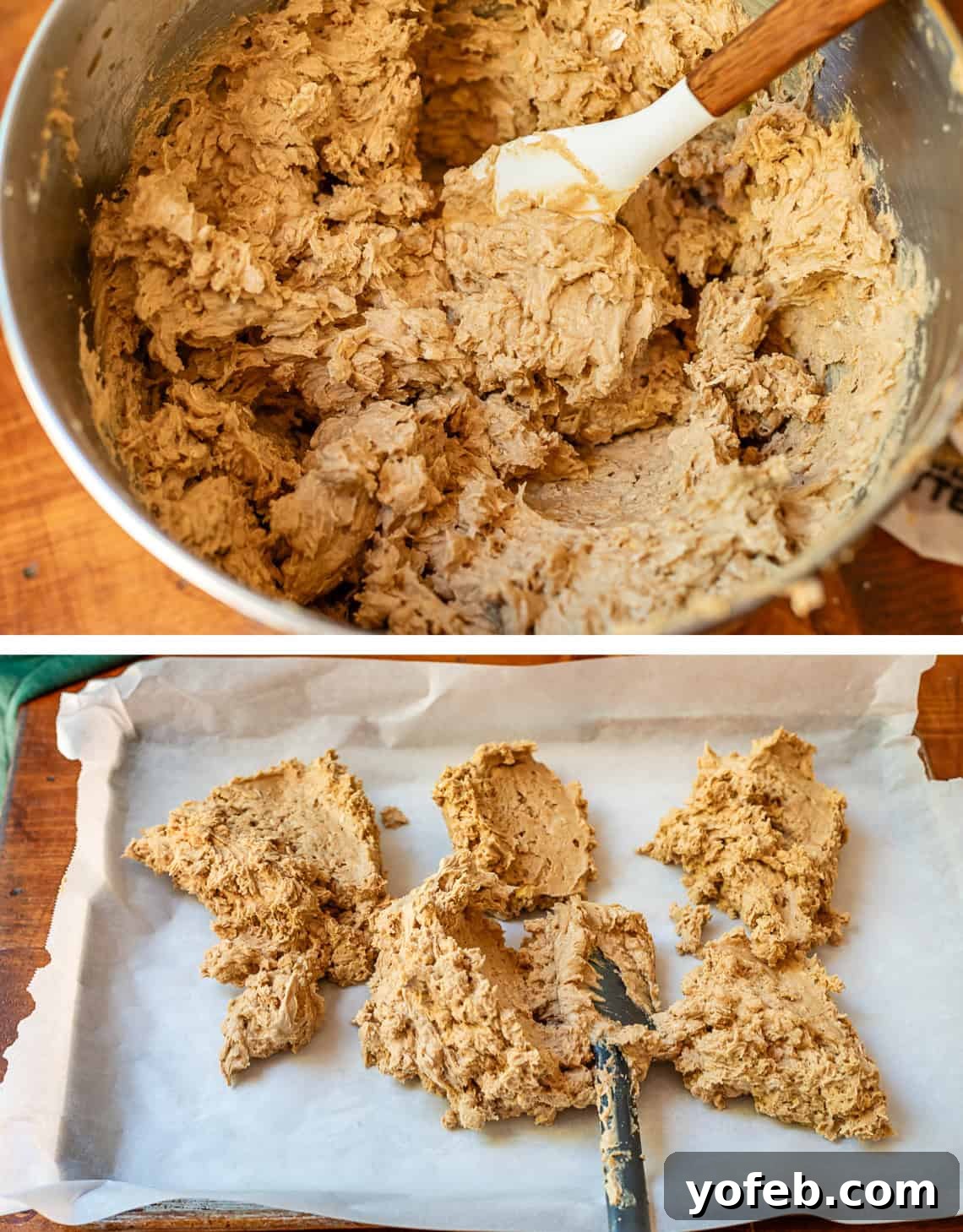 Classic Cafeteria Peanut Butter Bars 12 Top image shows a mixing bowl filled with the sticky cookie dough base for the bars. Bottom image shows a spatula expertly spreading the dough evenly into a parchment-lined cookie sheet.