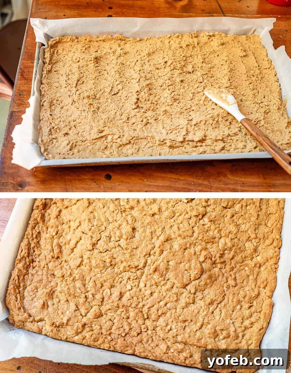Classic Cafeteria Peanut Butter Bars 13 Top image shows the unbaked oatmeal cookie dough evenly spread across a baking sheet. Bottom image displays the baked, golden-brown cookie dough base, ready for the next layers.