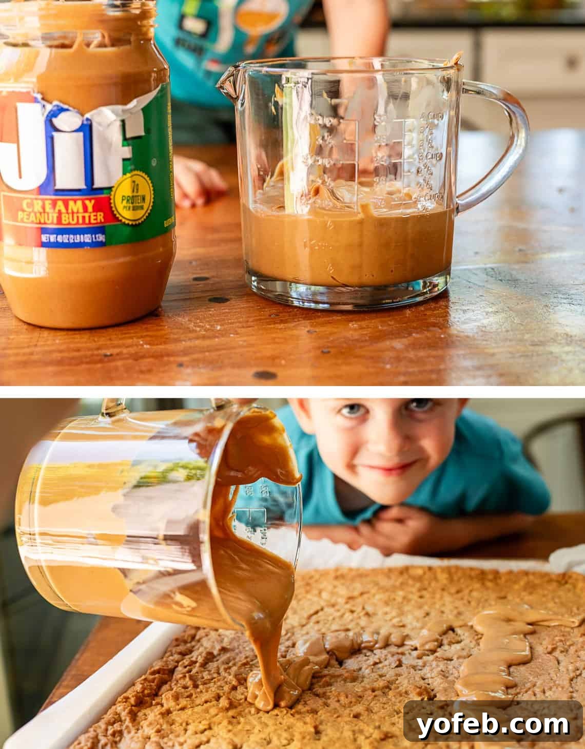 Classic Cafeteria Peanut Butter Bars 14 Top image displays creamy Jif peanut butter in a glass measuring cup, melted slightly. Bottom image shows the melted peanut butter being poured generously over the warm, baked cookie layer.