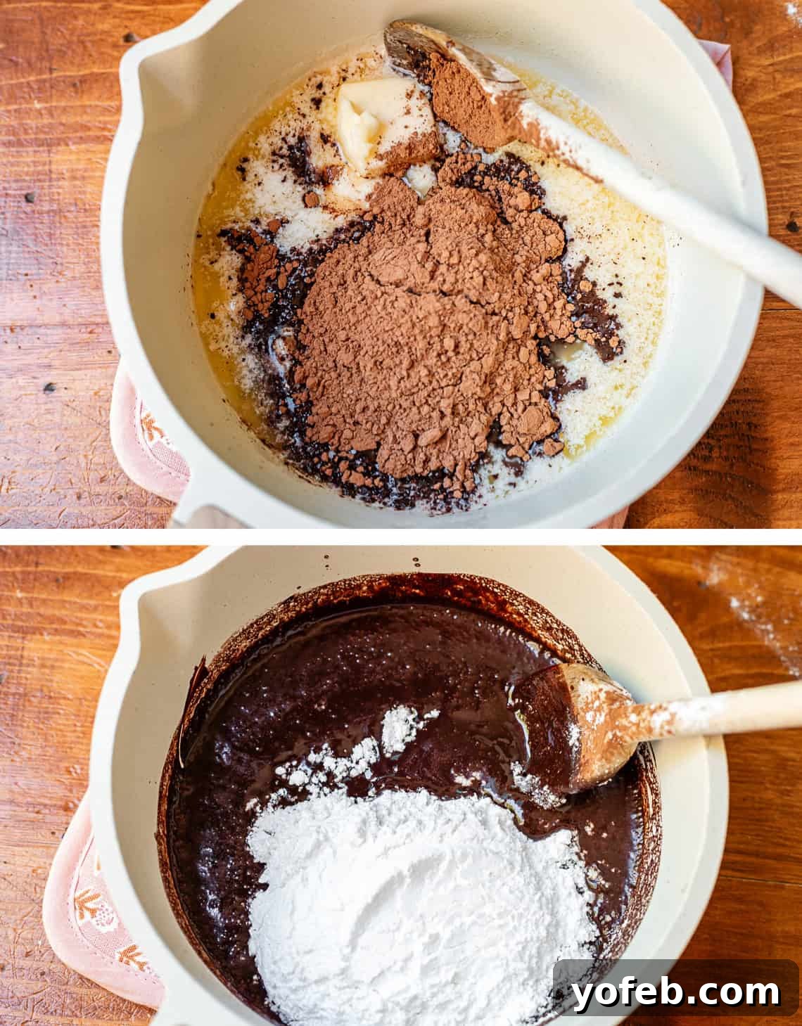 Classic Cafeteria Peanut Butter Bars 16 Top image shows the initial ingredients for the chocolate frosting – melted butter and cocoa powder – in a mixing bowl. Bottom image displays the mixture after stirring, with powdered sugar being added to cool and thicken.