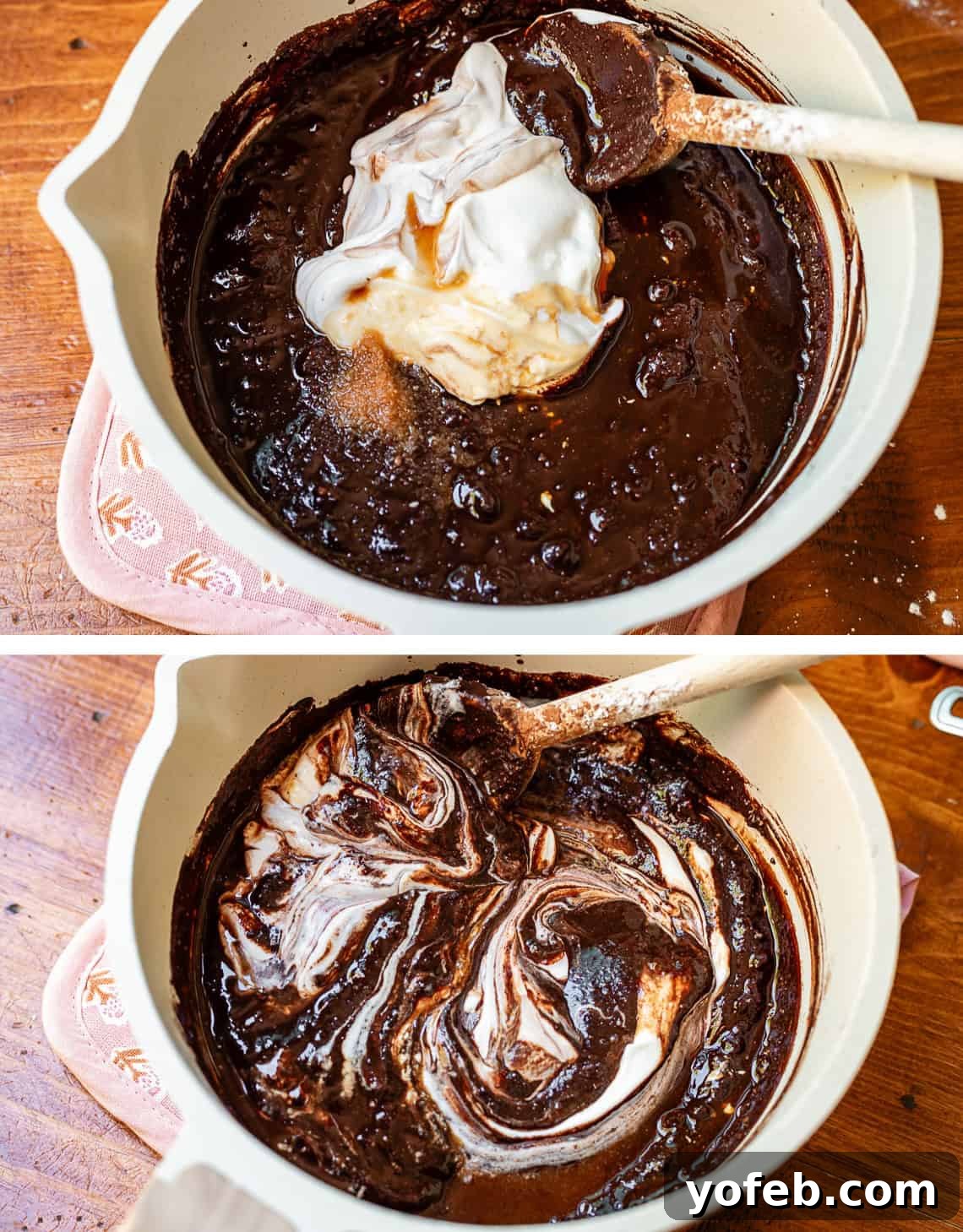 Classic Cafeteria Peanut Butter Bars 17 Top image shows a dollop of sour cream added to the chocolate frosting mixture. Bottom image shows the sour cream being mixed in, contributing to the frosting's creamy texture.