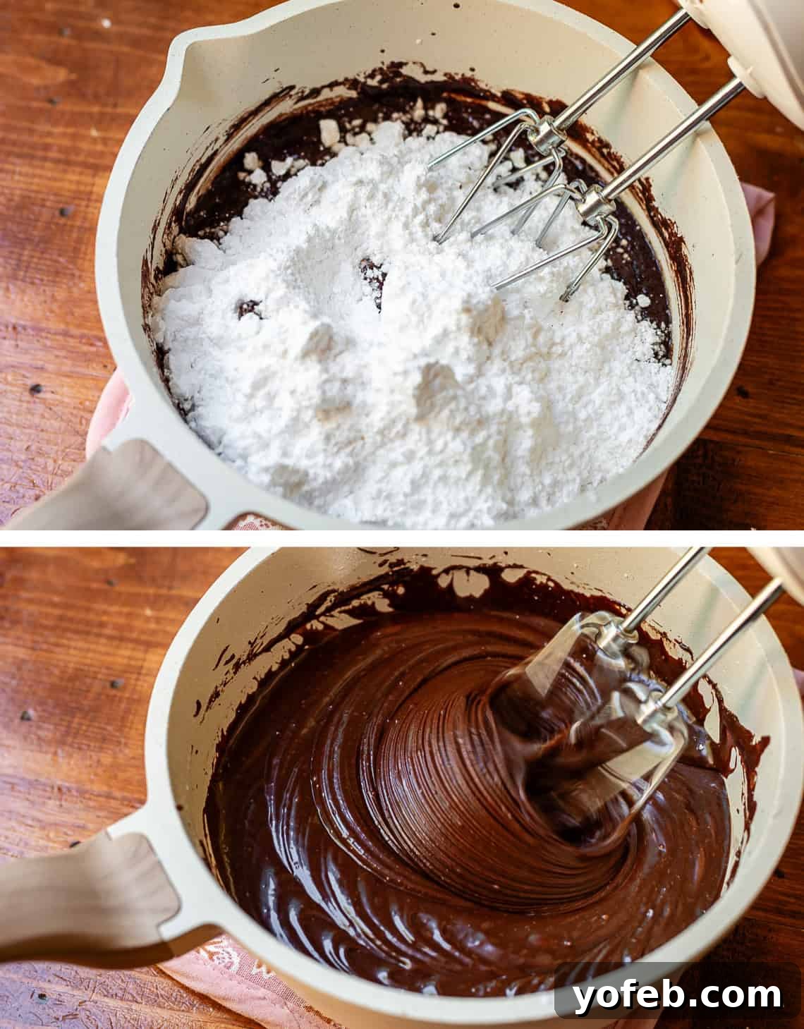 Classic Cafeteria Peanut Butter Bars 18 Top image shows a hand mixer incorporating more powdered sugar into the frosting mixture. Bottom image displays the completely mixed, smooth, and glossy chocolate frosting.