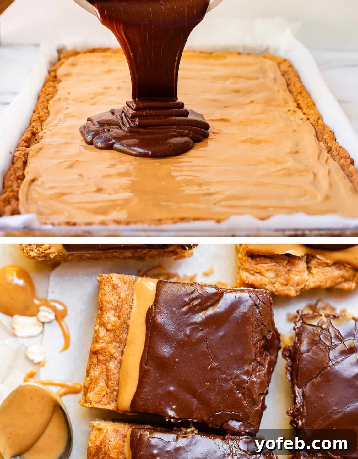 Classic Cafeteria Peanut Butter Bars 19 Top image shows rich chocolate frosting being poured generously over the peanut butter layer of the bars. Bottom image shows a perfectly cut piece of the frosted bars, ready to be enjoyed.