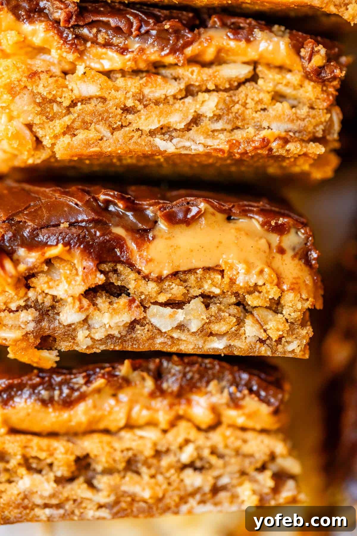 Classic Cafeteria Peanut Butter Bars 22 Three perfectly cut pieces of Lunch Lady Peanut Butter Bars, stacked to reveal their beautiful, distinct layers: the oatmeal cookie base, creamy peanut butter, and rich chocolate frosting.