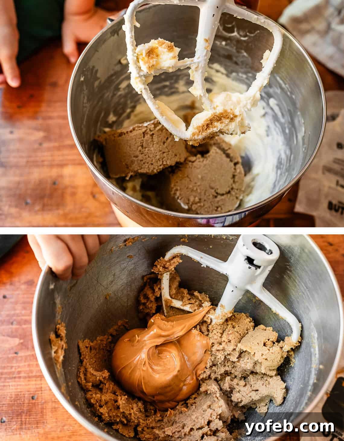 Classic Cafeteria Peanut Butter Bars 8 Top image shows a KitchenAid bowl with softened butter and brown sugar, while the bottom image shows a large scoop of peanut butter being added to the mixture.