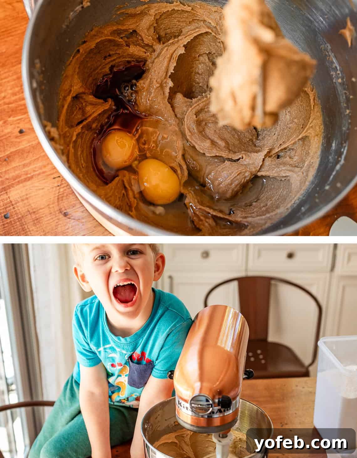 Classic Cafeteria Peanut Butter Bars 9 Top image shows a mixing bowl with the cookie base batter, with two large eggs newly cracked in, ready to be mixed. The bottom image shows the batter after mixing.