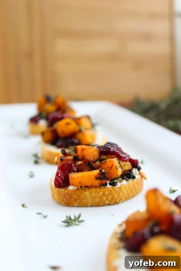 Roasted Butternut, Cranberry, and Chèvre Crostini 4 Three pieces of Butternut Squash, Cranberry, and Goat Cheese Crostini on a white plate